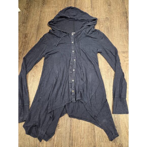 Mod-o-Doc Navy Blue 100% Linen Hooded Button Front Long Blouse Shirt Small - Picture 1 of 4